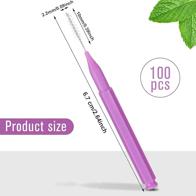 Patelai 100 Pieces Braces Brush for Cleaner Interdental Brush Toothpick Dental Tooth Flossing Head Oral Dental Hygiene Flosser Toothpick Cleaners Tooth Tool(Purple,Cute Size)