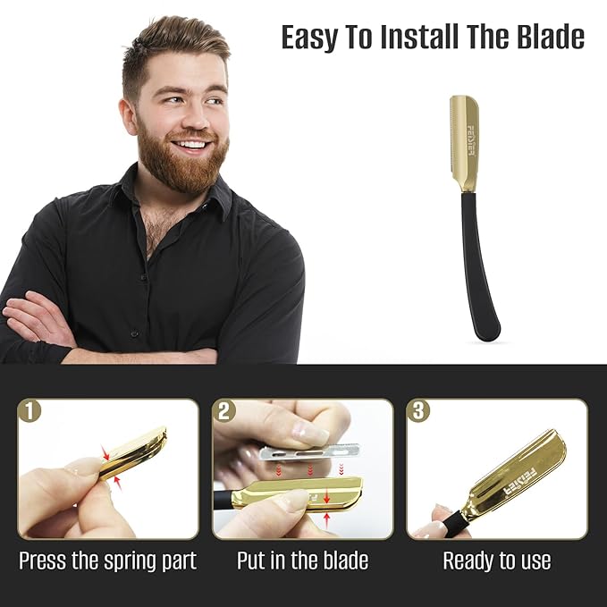 Straight Razors for Men, Professional Straight Single Edge Razor Kit, Silicone Handle Straight Razor with Guard,Stainless Steel Barber Razor for Shaving,Salon Shavette,10 Blades Included