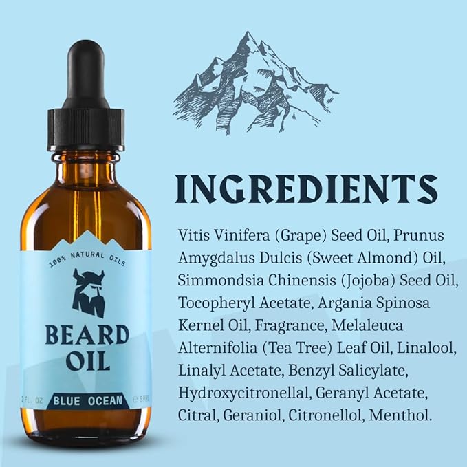 Striking Viking Beard Oil for Men (2 Fl Oz (Pack of 1), Blue Ocean) Naturally Derived Conditioner with Almond, Tea Tree, Argan & Jojoba Oil for Beard Growth, Softening & Moisturizing