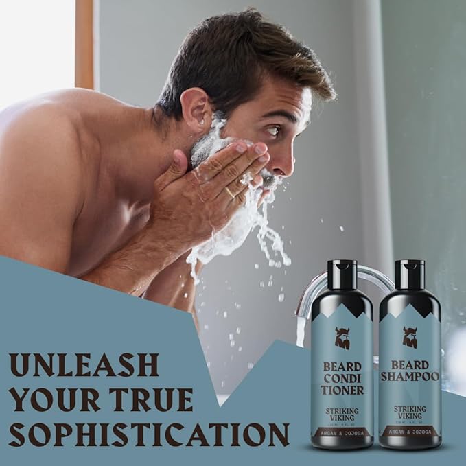 Striking Viking Beard Shampoo and Conditioner Set – 4 Fl Oz Each, Fresh Masculine Scent - Beard Wash and Conditioner for Men - Cleanses & Softens, with Argan & Jojoba Oil - Sulfate & Paraben Free