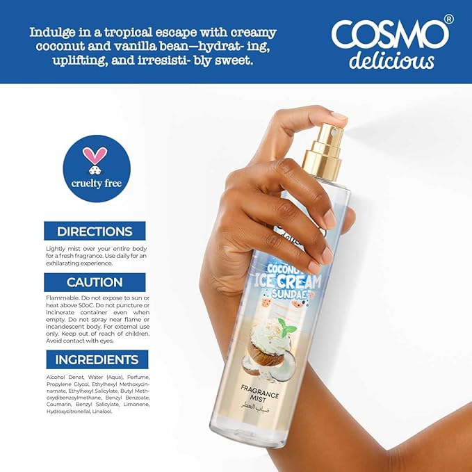 Cosmo Delicious Coconut Ice Cream Sundae Fragrance Mist 150ml, Sweet Parfum, Creamy Coconut & Sweet Tropical Scent, Summer Body Spray, Perfect For Everyday Wear, Long Lasting Perfume For Women & Men