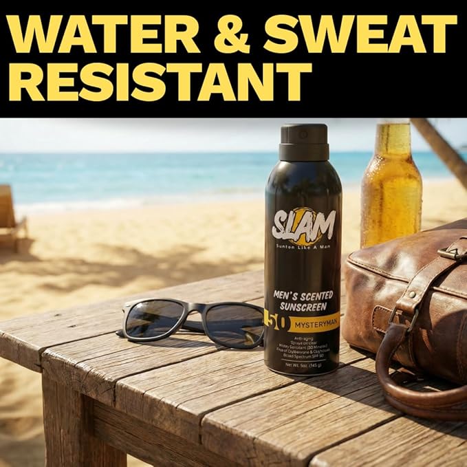 SLAM MysteryMan Men's Scented Sunscreen Spray SPF 50 – Broad Spectrum Sun Screen Spray for Face & Body, Water Resistant & Sweat Resistant Sunscreen, UVA/UVB Protection, Sunblock for Men 2 pack