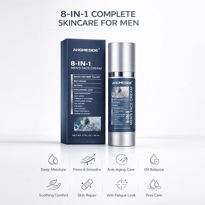 8-in-1 Face Cream for Men,Anti-Aging Daily Moisturizer with Hyaluronic Acid & Shea Butter,Helps Smooth Wrinkles & Reduce Puffiness, Lightweight Men's Formula, 1.7 oz