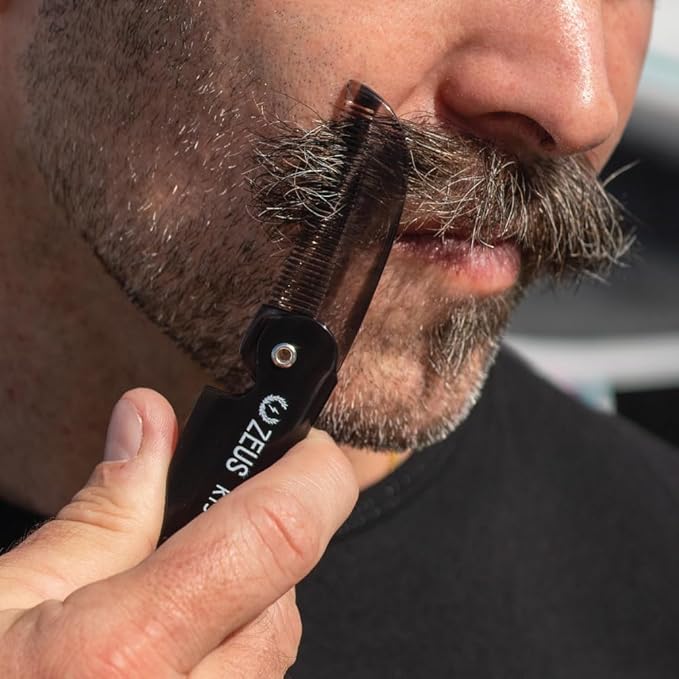 ZEUS Folding Mustache Comb for Men, Handmade Saw-Cut Pocket Comb for Men’s Beard & Moustache Grooming, Compact & Travel Friendly (Black) K13
