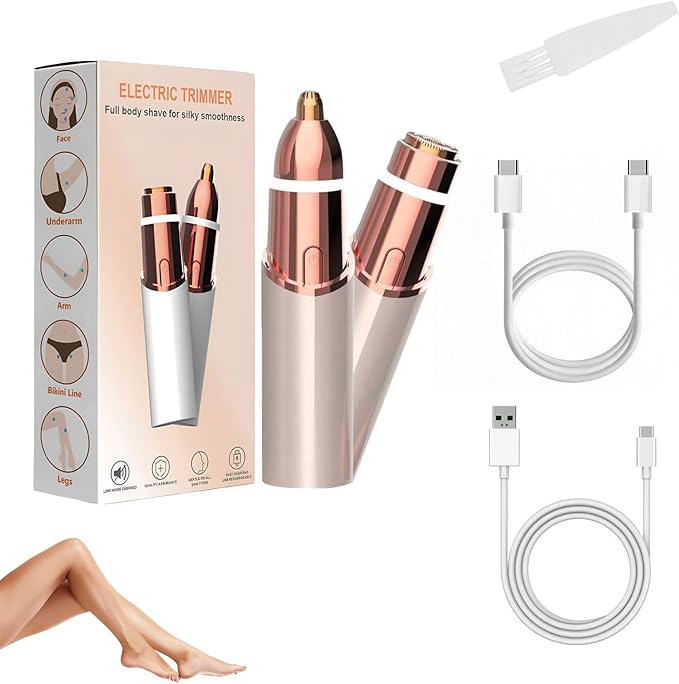 Eyebrow & Facial Trimmer: 2 in1 Rechargeable Facial Hair Removal & Eyebrow Shaver - Body Razor with Built-in LED Light (Rose Gold)