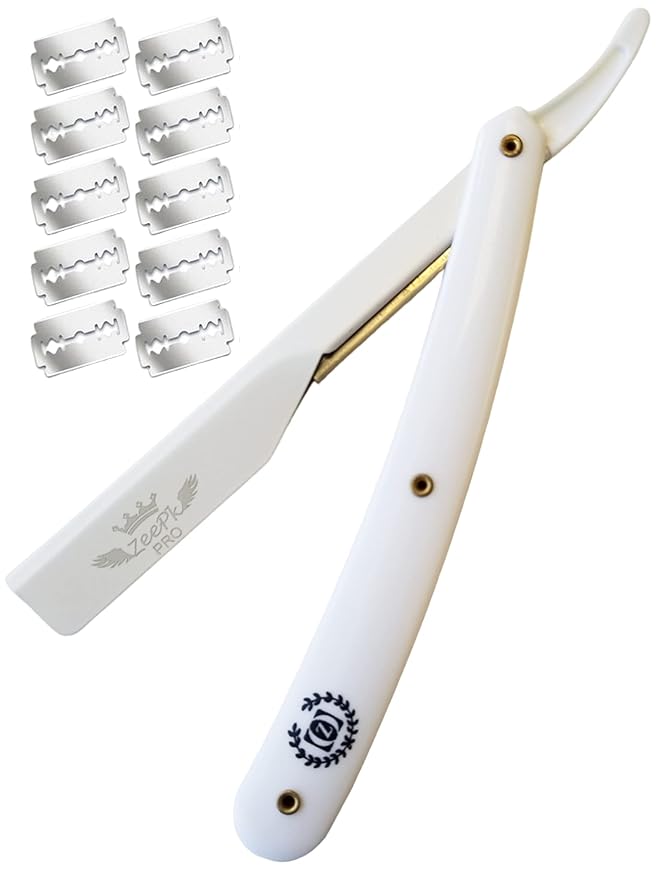 Barbero Cuchilla Barber Razor Straight Clean Shav Free Blades Salon Shaving Classic Stainless Steel (White Razor Holder)