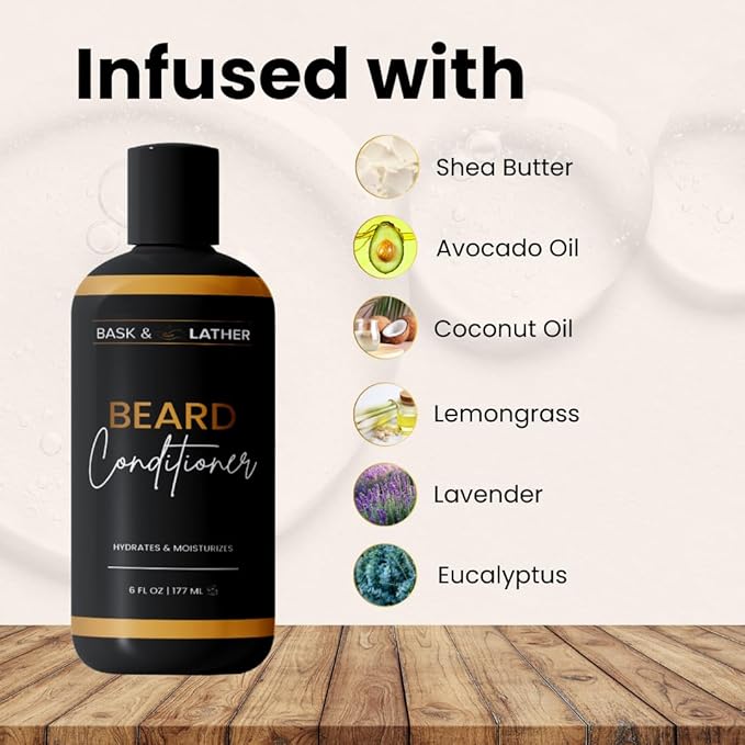 BASK & LATHER Beard Conditioner for Men with Coconut Oil, Shea Butter, Beard Softener & Moisturizer, Deep Cleans and Softens All Hair Types, Conditioning & Hydrating Beard Care, Sulfate Free, 6 fl oz