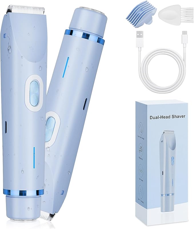 Ladies Electric Razor, 2 in 1 Dual Head Shaver Women, Bikini Trimmer for Women Personal Body Face Leg Arm Hair USB Charge Waterproof Wet and Dry (Blue)