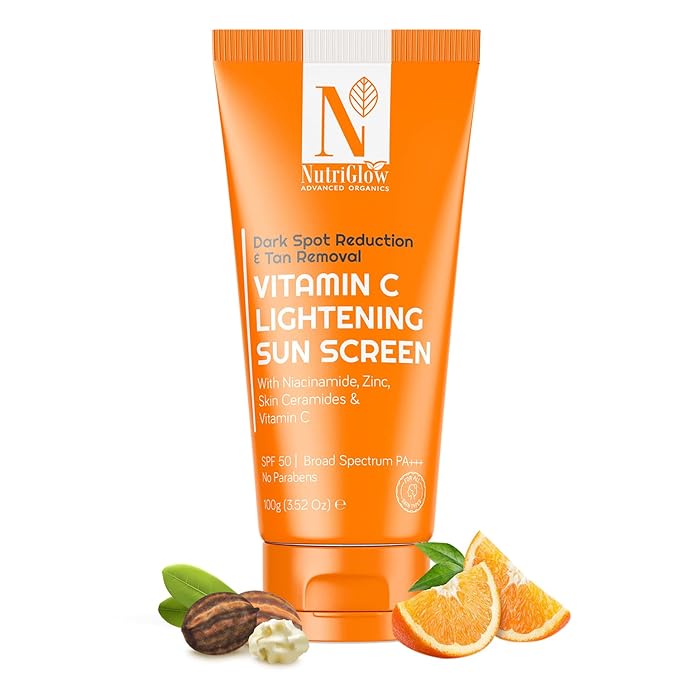 NutriGlow Advanced Organics Vitamin C Lightening Sunscreen SPF50 PA+++ for Sun Protection, Quick Absorb, All Skin Types, 3.5Oz