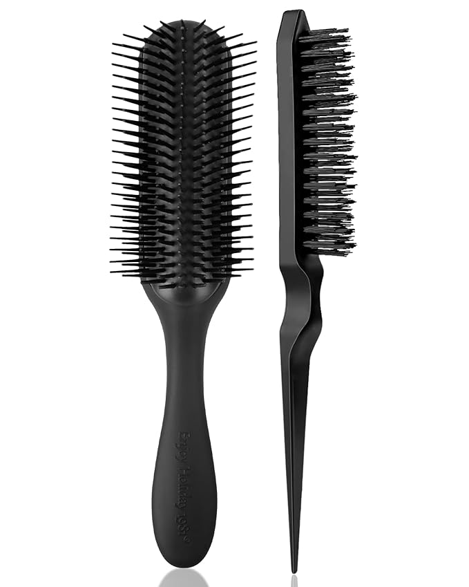 2 PCS Hair Brush for Women Men Classic Styling Brushes Curly Wet or Dry Hair 9 Row with Edge Comb for Natural Thick Hair, Blow Separating, Shaping Defining Detangling Curls Tool Travel Hairbrush