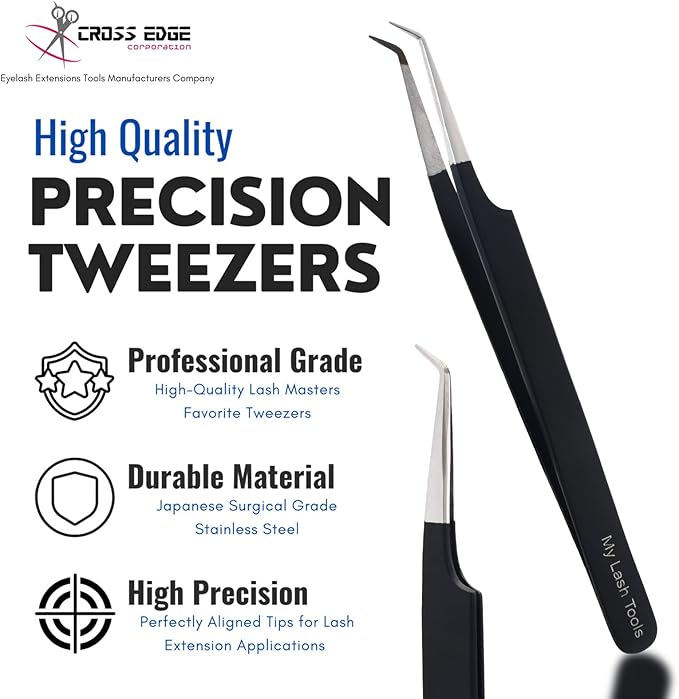 My Lash Tools Fiber Tip Lash Tweezers for Eyelash Extension Curved 45 Degree Angled Tweezer Best for Volume, Individual Isolation & Classic Lashes Stainless Steel Lash Supplies (Matte Black)