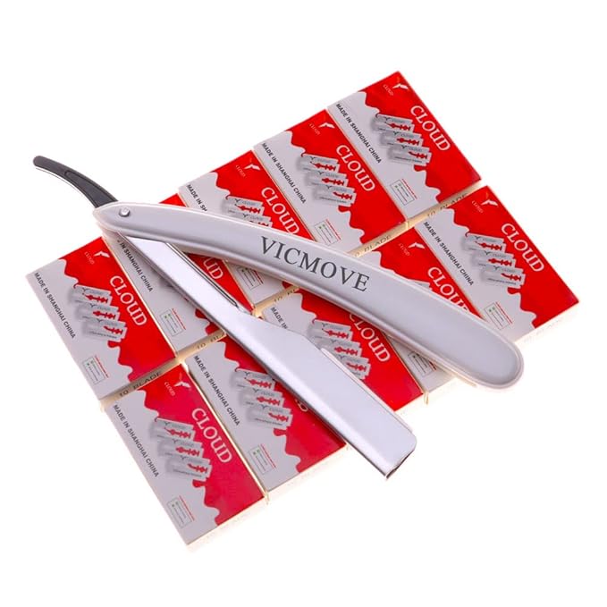Professional Barber Straight Edge Razor Safety with 200-Pack Derby Blades - 100 Percent Stainless Steel - by VICMOVE (1 razor + 200 blades)