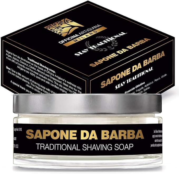 Officina Artigiana Milano Stay Traditional Shaving Soap 150ml – Luxury Italian artisan wet shaving soap with 40% antioxidant oils & shea butter – citrus fragrance – vegan skincare