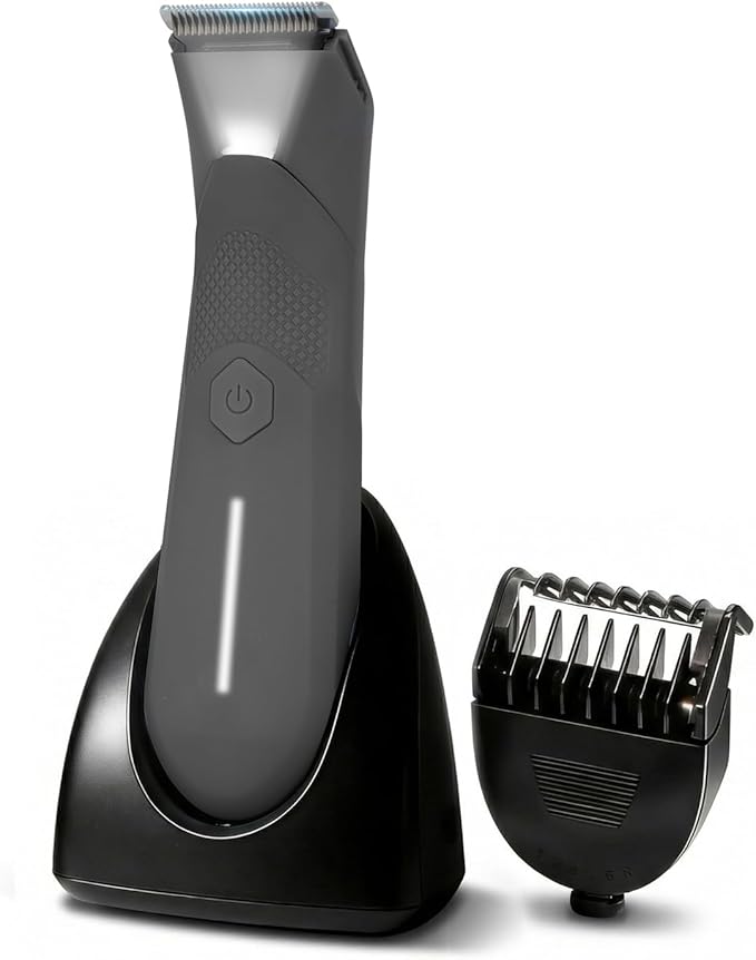 Body Trimmer for Men - Groin & Ball Shaver with Charging Dock - Constant Power No-Pull Electric Pubic Hair Clipper - 5-in-1 Guard Waterproof Body Groomer with LED Light