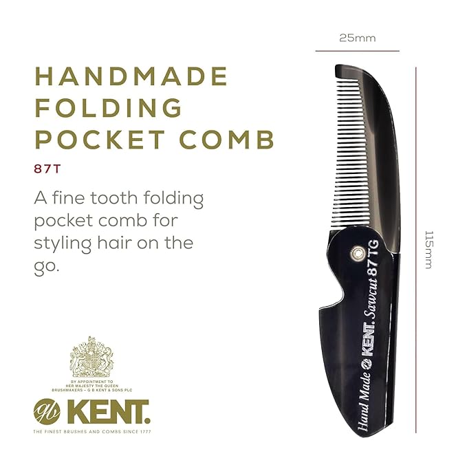 Kent 87T Combo Handmade Folding Pocket Comb for Men, Fine Tooth Hair Comb Straightener for Everyday Grooming Styling Hair, Beard or Mustache, Use Wet or Dry, Saw Cut Hand Polished, Made in England