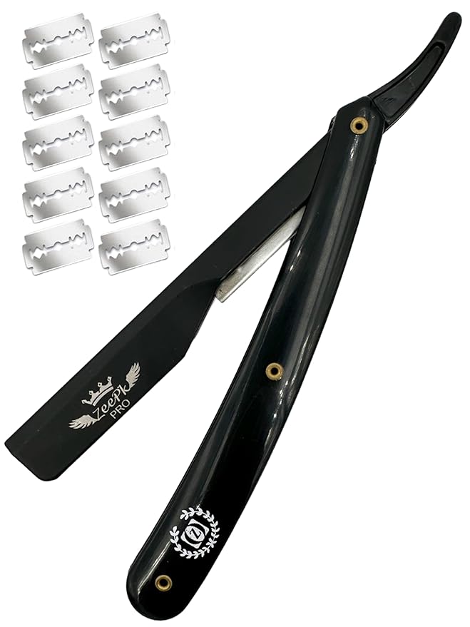 PROFESSIONAL STRAIGHT BARBER RAZOR CLEAN SHAVE + FREE BLADES STRAIGHT EDGE BLADE AFEITADO RAPADA USA SALON SHAVING CLASSIC STAINLESS STEEL (Black Razor Holder)
