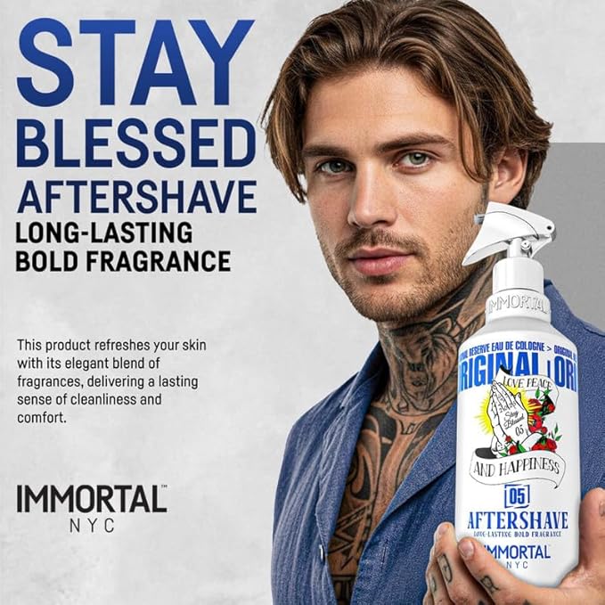 Immortal NYC Stay Blessed 05, After Shave Spray Body/Face Men's Cologne, 17 oz, Exclusive Barbers, Softens Skin, Refreshes, Purifies and Relieves Face and Skin, Moisturizing Formula After Shaving