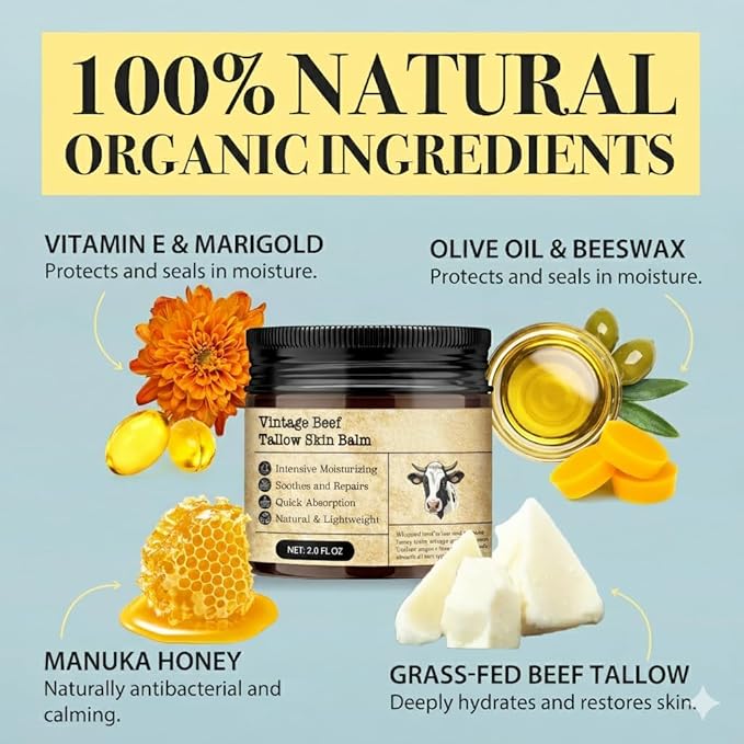 Beef Tallow Honey Balm for Sensitive Skin:100% Organic Grass-Fed Vintage Tallow Moisturizer For Face Cracked Hands Non-Greasy Nourishing Cream With Olive Oil - Eczema Safe All Skin Types 2 Pack