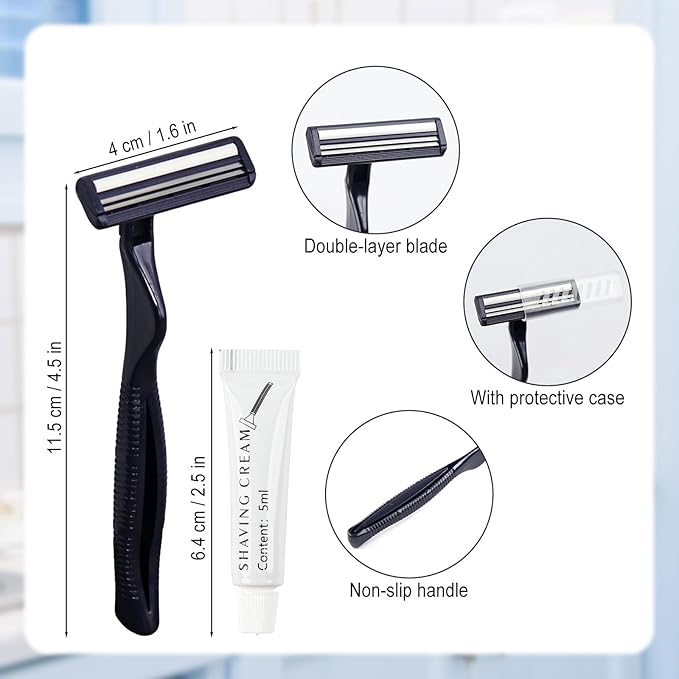 Disposable Razors in Bulk, Bulk Razors with Knife Cap, Individually Packaged Disposable Razors Bulk with Shaving Cream for Hotels, Shelters, Homeless, Nursing Homes, Charities, Black (100 pieces)