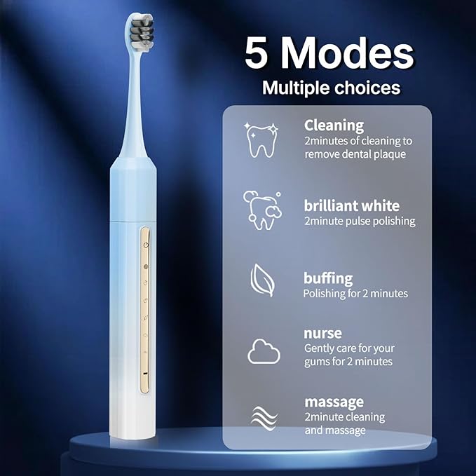 Sonic Electric Toothbrush for Adults & Kids - 10 Brush Heads, 90-Day Battery, 5 Modes, 2-Min Timer, IPX8 Waterproof, Rechargeable & Travel-Friendly (Blue White)