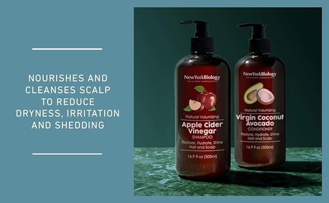 New York Biology Apple Cider Vinegar Shampoo and Coconut Avocado Oil Conditioner Set - Helps Restore Shine, Hair Gloss and Hydration for Dry Hair & Itchy Scalp - Clarifying & Nourishing - 16.9 Fl Oz