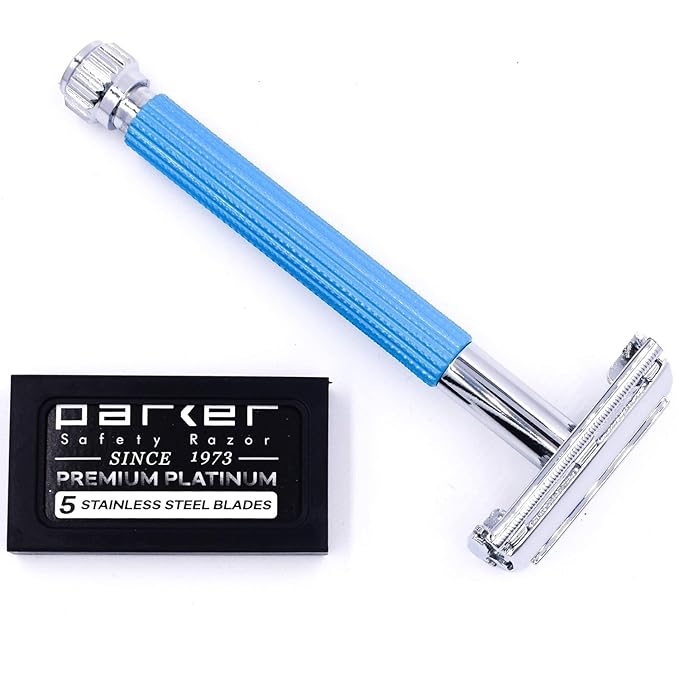 Parker 29L Blue, Long Handle Butterfly Open Double Edge Safety Razor for Men & Women, 5 Parker Premium Platinum Double Edge Razor Blades Included