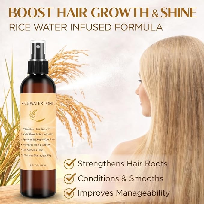 Fermented Rice Water Hair Tonic | 8 Fl OZ | Strengthening Scalp Spray for Hair Growth, Hydration & Shine with Fermented Rice Water, Biotin, Caffeine, Aloe Vera, and Rice Protein