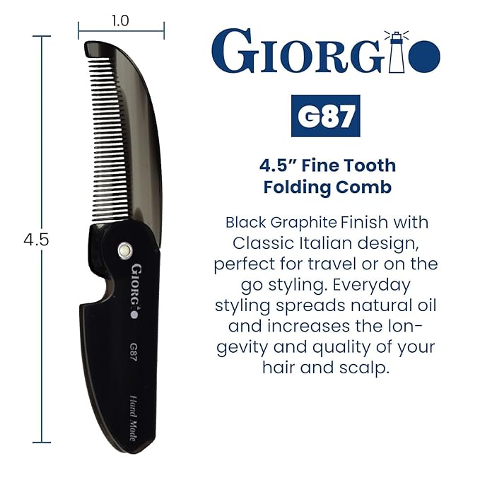 Giorgio G87 Folding Mustache and Beard Comb, Small Pocket Comb for Men,Fine Tooth,Handmade, Saw-cut, Hand Polished,Pocket Styling Combs for Everyday Grooming and All Type of Hair Care (Black Graphite)