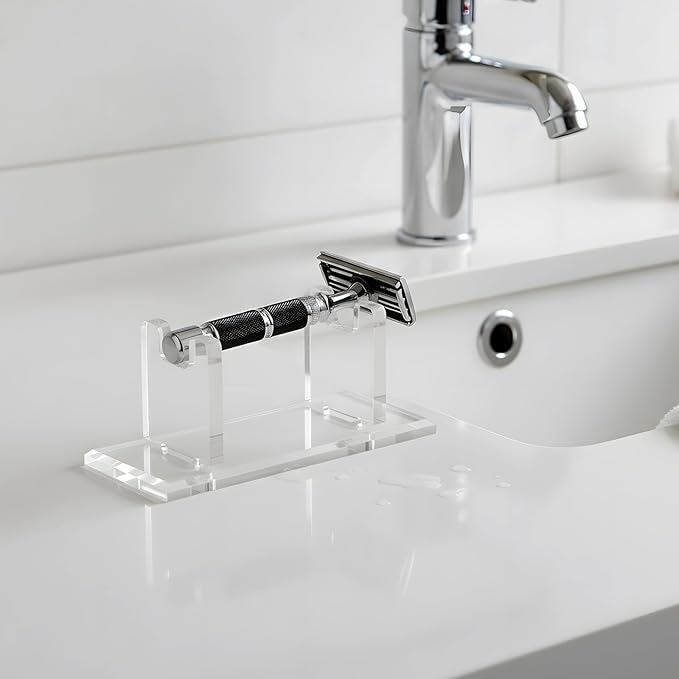 2 Pcs Acrylic Men's Razor Stand Holder Safety Razor Stand Stable Storage Bracket Shaving Brush Stands Bathroom Compatible with MK23C, Clear