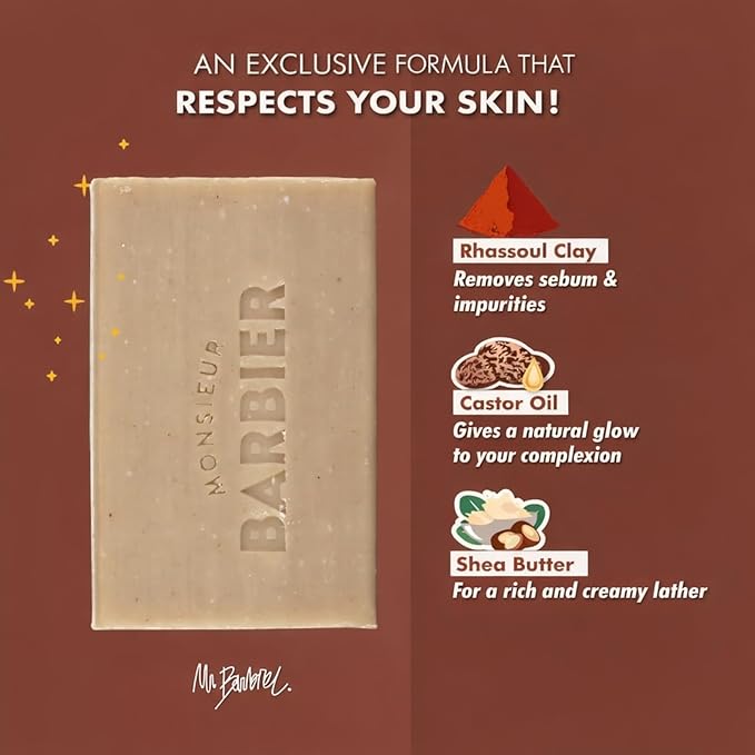 Rhassoul Soap Bar All-Natural Face & Body Wash Brick Exfoliating Deeply Nourishing Handcrafted Moisturizing Bar for Dry & Sensitive Skin | Lipid-Enriched Vegan Solid Cleanser 100g