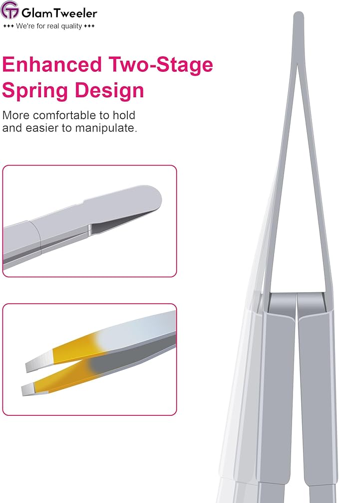 Exclusive G-01 Slant Tip Tweezers, GlamTweeler High Precison Expert Eyebrow and Facial Hair Removal Tweezer with Leather Storage & Carrying Case (Silver & Gold)