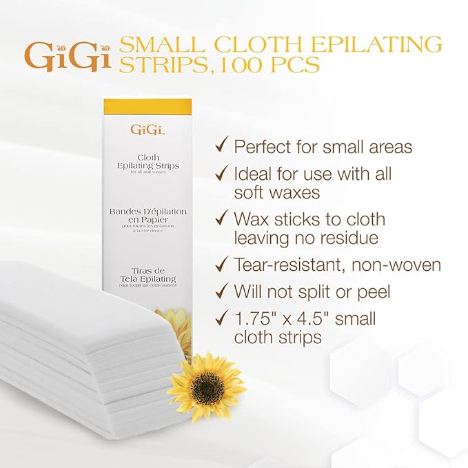 GiGi Wax Strips Non Woven for Hair Removal - Small Cloth Epilating Waxing Strips for Face and Bikini Line, 100 Strips