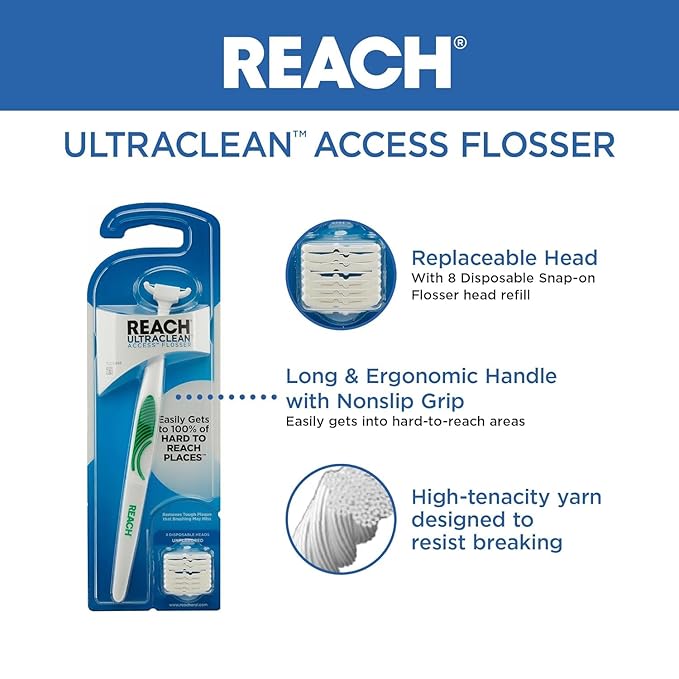 REACH Ultraclean Access Flosser Starter Bundle | Proper & Durable Oral Care & Hygiene | Effective Plaque Removal, Teeth & Gum Protection, PFAS-Free | Starter Kit + 3pk Mint Refills (28ct.)