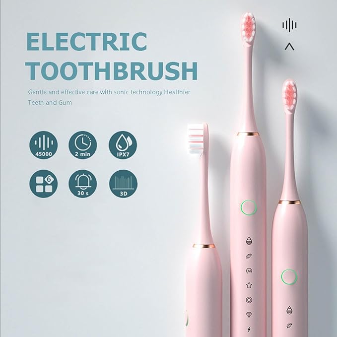 Electric Toothbrush with 4 Brush Heads 6 Modes Smart Timers IPX7 Waterproof USB Rechargeable 42000VPM Adults Toothbrush Set Travel Toothbrush Rechargeable Portable 4 Brush Heads Pink