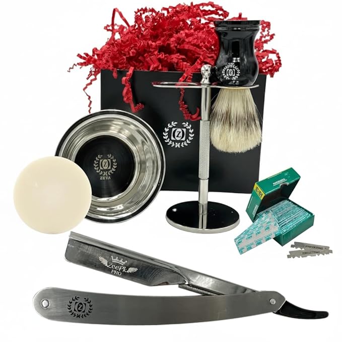 Men's Shaving Gift Set Vintage Army Wet Shaving - 6 Pcs | Kit de Afeitado de Lujo para Hombres, Stainless Steel Shavette Razor & Stand, Sensitive Skin Soap & 100 Blades