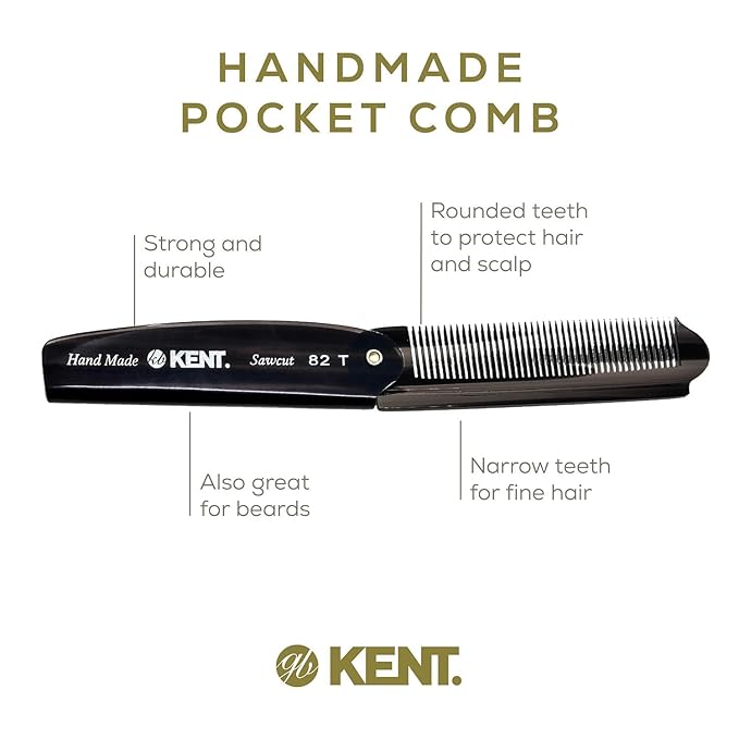 Kent 82T Handmade Folding Pocket Comb for Men, Fine Tooth Hair Comb Straightener for Everyday Grooming Styling Hair, Beard or Mustache, Use Dry or with Balms, Saw Cut Hand Polished, Made in England
