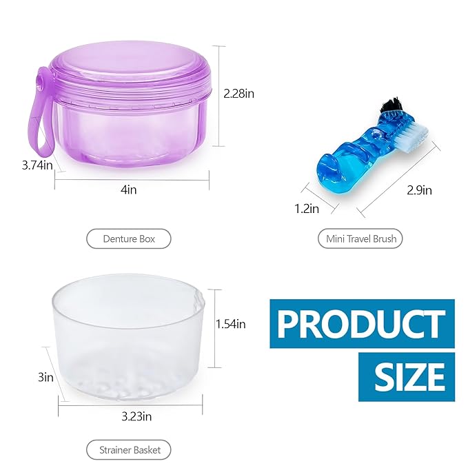 Leakproof Denture Case Purple Denture Soaking Cup with Strainer Basket, False Teeth Container Dental Denture Bath Holder Storage Box Retainer Cleaner Case for Traveling