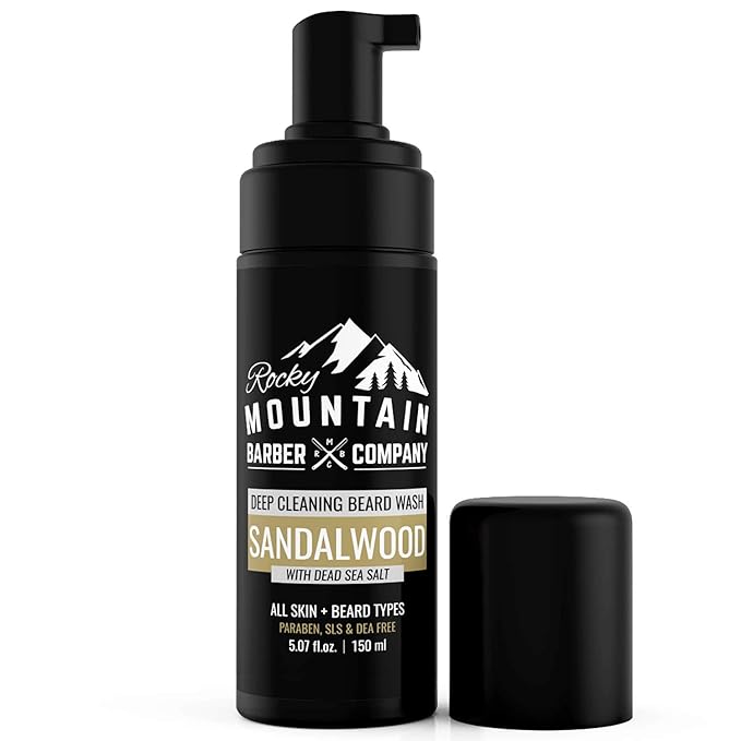 Rocky Mountain Barber Company Foaming Sandalwood Beard Wash – With Sandalwood Essential Oil, Vitamin B5 & Dead Sea Salt - 5 oz