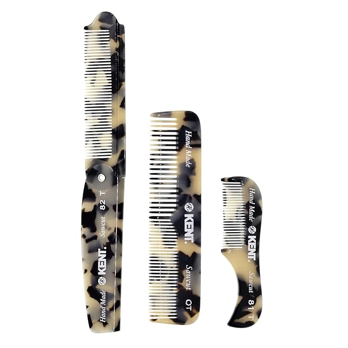 Kent Set Men's Hair Pocket Combs, 81T X-Small, OT All Fine Tooth, 82T Fine Tooth Folding Comb. Best Hair, Beard and Mustache Grooming Kit for Travel and Home Care, Handmade in England