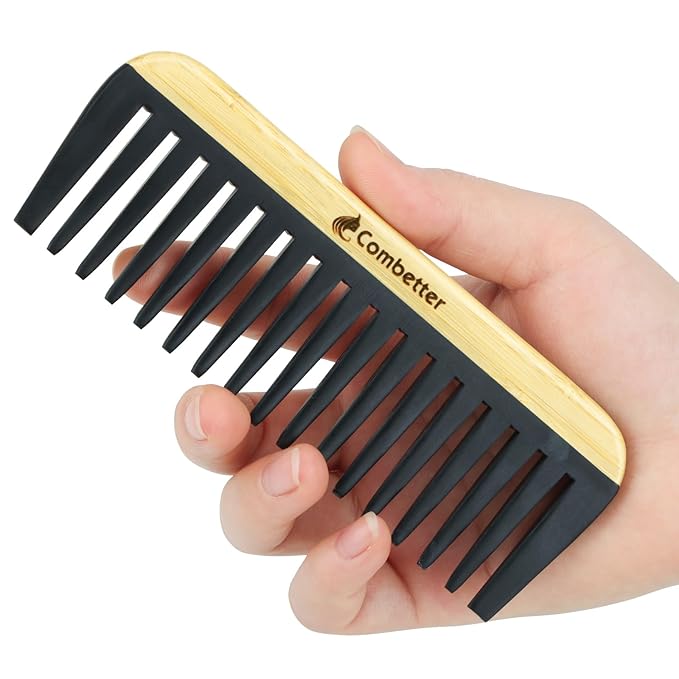 Combeter Bambooo Wide Tooth Comb for Thick,Wavy & Curly Hair and Beard - Anti-Static Durable Bakelite & Eco-Friendly Wooden Large Tooth Detangler Hair Comb| Soothing Frizz Control for Women, Men
