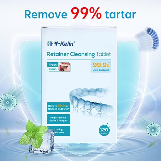 Y-Kelin Retainer and Denture Cleaner 120 Tablets for 4 Months Removes Stains Plaque Odors for Dentures Retainers Mouth Guard and Removable Dental Appliances (120 PCS, Mint Flavor)