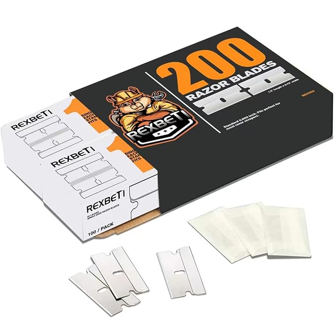 REXBETI 200PCS Single Edge Razor Blades, Industrial Razor Blades for Scraper, Suitable for Removing Labels, Decals, Stickers and Old Paint