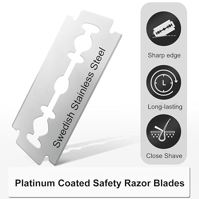Double Edge Safety Razor with 10 Blades and Stand, Single Blade Razors for Men and Women, Long and Heavy Duty Stainless Steel Handle, Smooth Close Gentle Shave, Silver