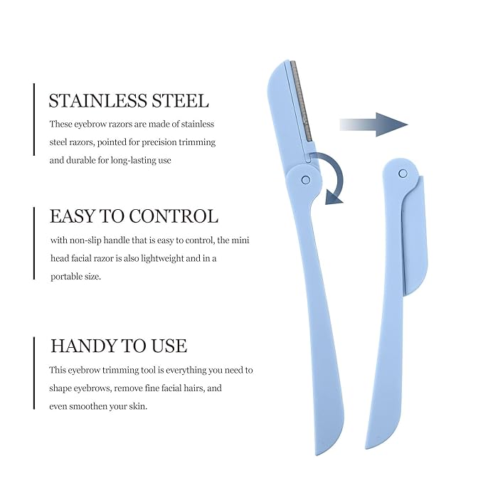 FOMIYES 10Pcs Foldable Stainless Steel Eyebrow Razors for Women, Portable Facial Hair Removal Trimmer with Plastic Handle, Blue