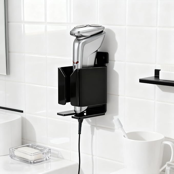 Electric Shaver Wall Stand for Bathroom, Acrylic barber Razor Holder – Easy-to-Install Organizer for Men’s/Women’s Electric Shavers (Black)