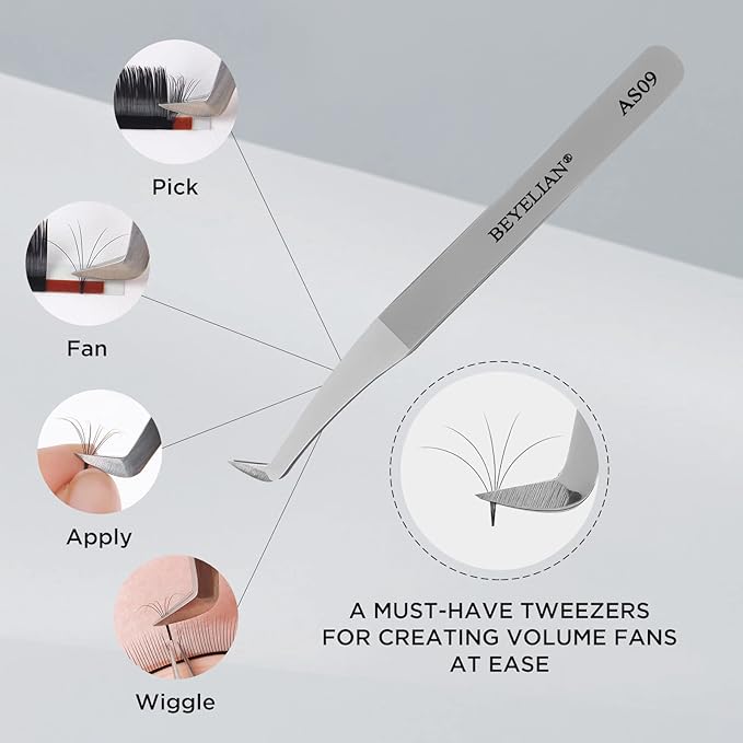 Volume Lash Tweezers Beyelian Lash Tweezers for Eyelash Extensions, Curved L High Precision Tip for Mega Fans, Stainless Steel AS09 Silver.