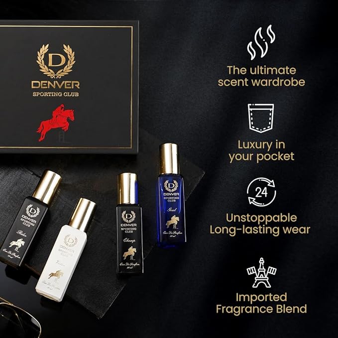 Denver Sporting Club Luxury Gift Set for Men, 4 x 0.68 Fl Oz Eau de Parfum Collection | Goal, Rider, Victor and Champ | Long-Lasting Fragrance and Odor Protection