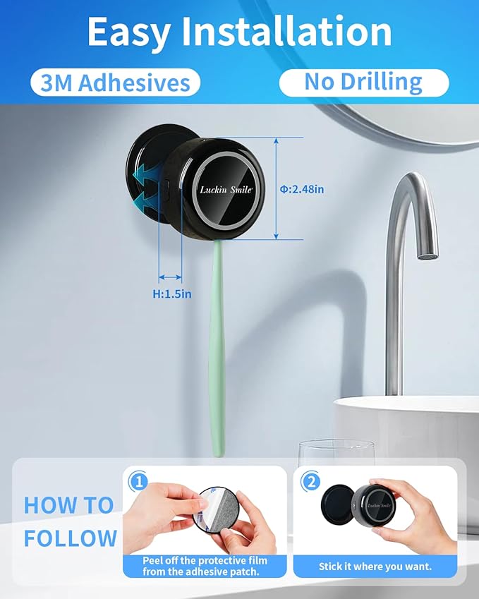 UV Toothbrush Sanitizer for Bathrooms, Single Toothbrush Sanitizer, Wall Mounted Tooth Brush Sanitizer Holder with Fan Drying, No Drilling (Black)