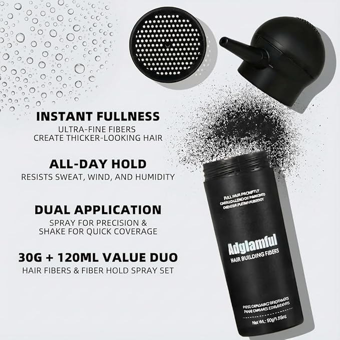 3-in-1 Hair Fiber Kit, 30g Building Fiber Powder + Silicone Pump Applicator + Fiber Hold Spray, Dual Application Options for Thinning Hair, Natural Fullness & Long-Lasting Volume, Black