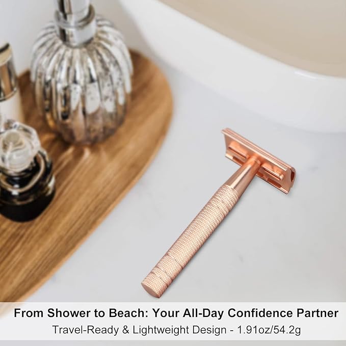 Double Edge Safety Razor with Stand, Single Blade Razors for Women, Reusable Metal Razor, with 10 Stainless Steel Double Edge Blades, Smooth and Close Shave, Plastic Free, Matte Rose Gold